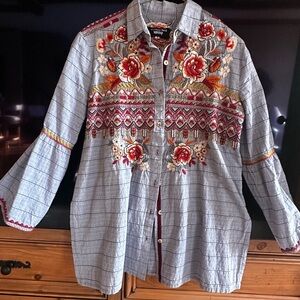 Johnny Was Light Blue Embroidered Floral Button-Up Blouse